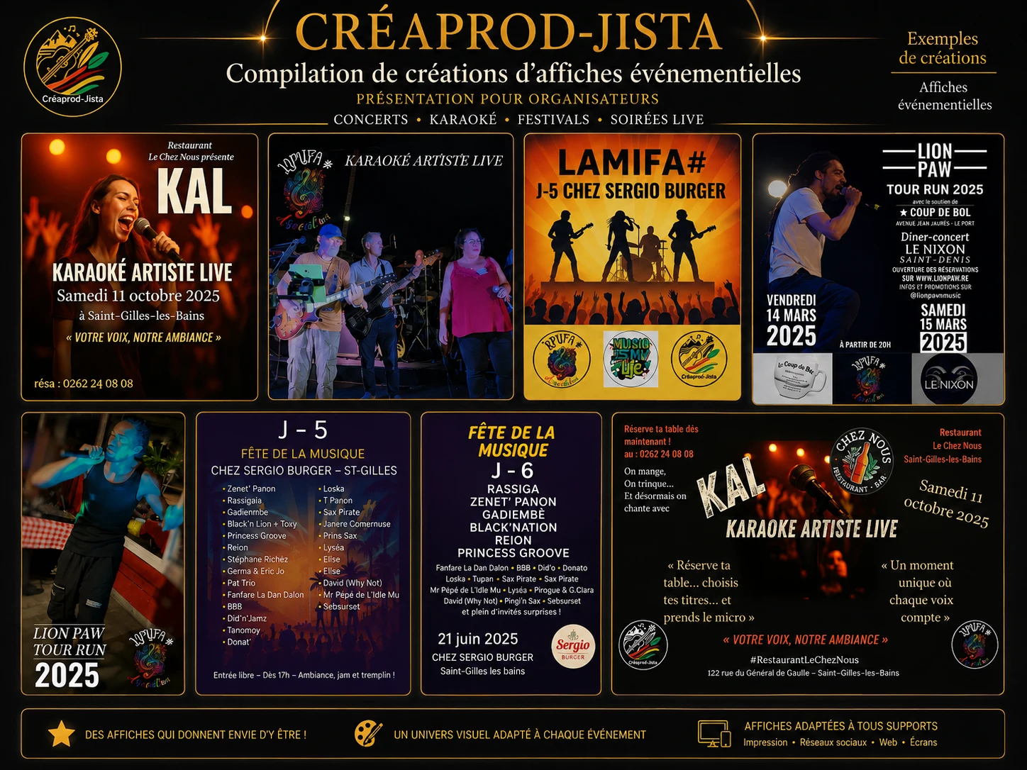 Compilation d'affiches événementielles créées par Créaprod-JISTA