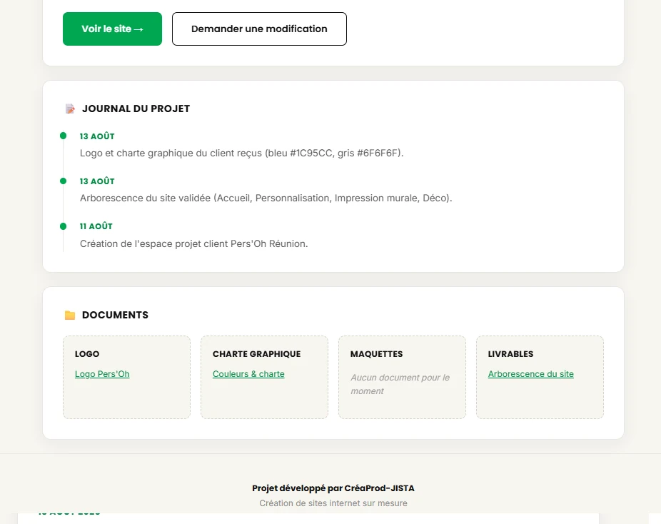 Journal et documents du projet Pers'Oh Réunion dans l'espace projet client